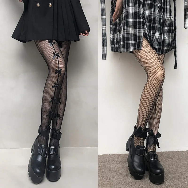 

Bow Black Silk Stockings Women's Black Fishnet Socks Lace Pantyhose Thin Japanese Style Fish Net Stockings