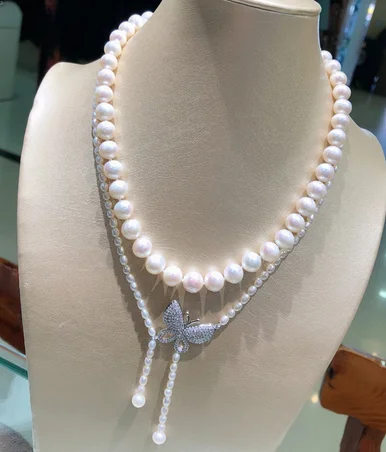 

Hand knotted natural 2rows white freshwater 8-9mmpearl butterfly accessories necklace fashion jewelry