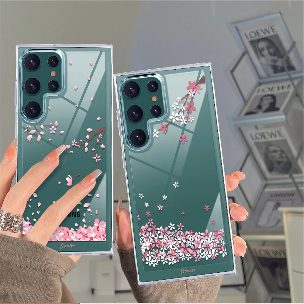 

Cherry Blossoms Flower Case for SAMSUNG Galaxy S22Ultra S22Plus S22 Protection Shell Fundas Luxury Transparent PC+TPU Cover