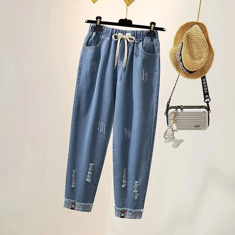 Vintage Ripped High Waist Harem Jeans Baggy Wide Leg Pants Women Capris Denim Pantalones Korean Fashion Vaqueros Casual Trousers