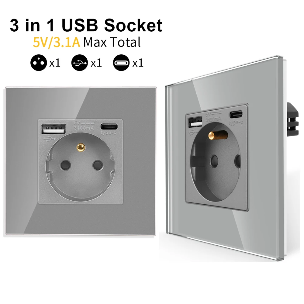 

French Standard Tempered Glass Panel Wall Socket With Usb 5V 3100mA Type C Power Plug Electrical Outlet AC110-250V 16A