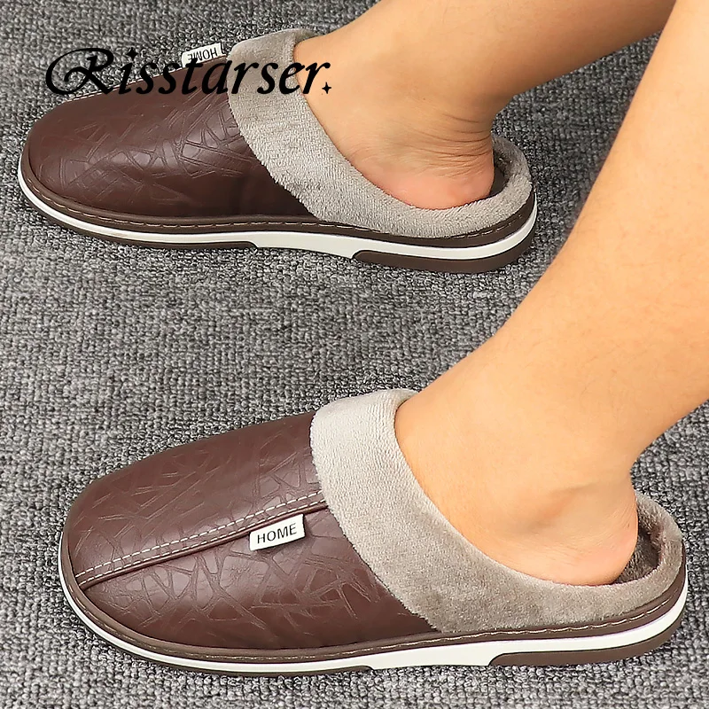 Размера плюс мужские Тапочки кожаные зимние водонепроницаемые теплые домашние