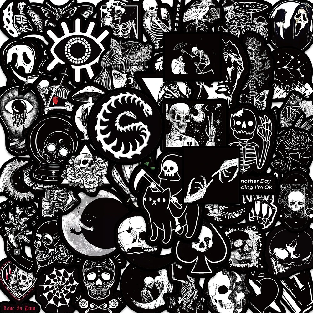 

10/30/50PCS Black Art Gothic Skull Cartoon Stickers Decorative Stationery Scrapbook Notebook Phone Diary Graffiti Cool Sticker