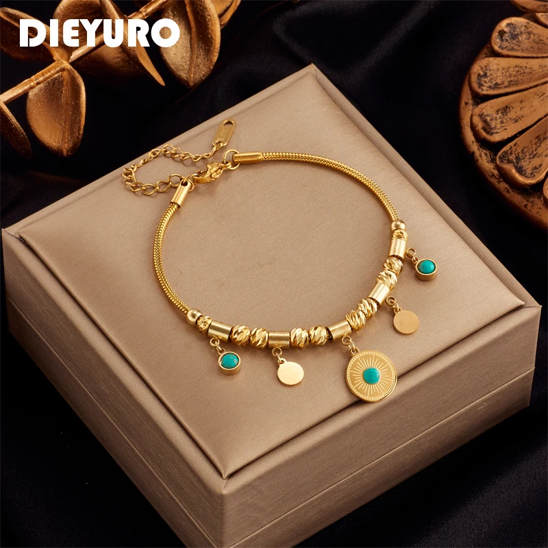 

DIEYURO 316L Stainless Steel Round Green Stone Charm Bracelet For Women Fashion Gold Color Girls Bracelets Party Jewelry Gifts