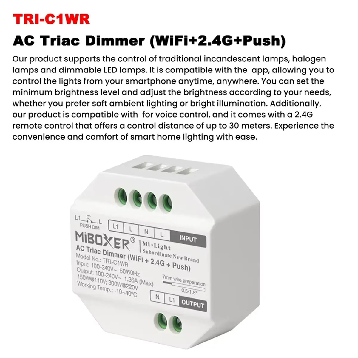 Умный Wi-Fi диммер EMBRACE HAPPY MiBOXER TRI-C1WR 110V-220V с поддержкой Tuya, беспроводной, 2.4ГГц RF, для традиционных ламп накаливаниягалогенных ламп (art.: 3920db98591c0) - 3920db98591c0