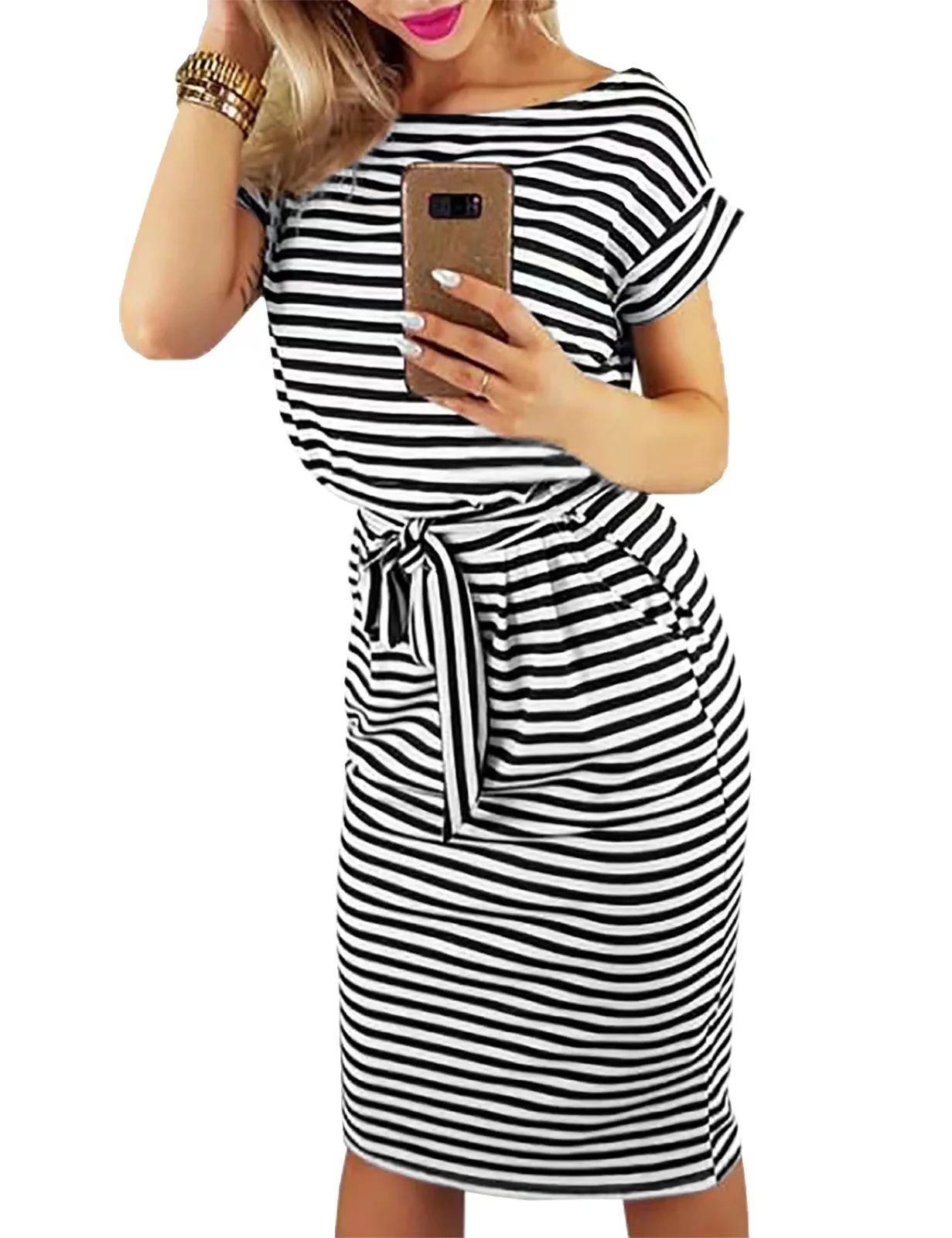 

Elegant Midi Dress Casual Women's 2022 Summer Fashion Slim Round Neck Striped Robe