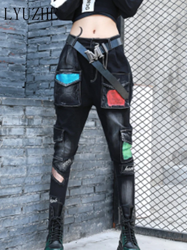 

LYUZHE 2023 Spring Autumn Personalized Jeans Pants Women Slim Black Harem Pants Handsome Trend Casual Fashion Denim Pants LWL691