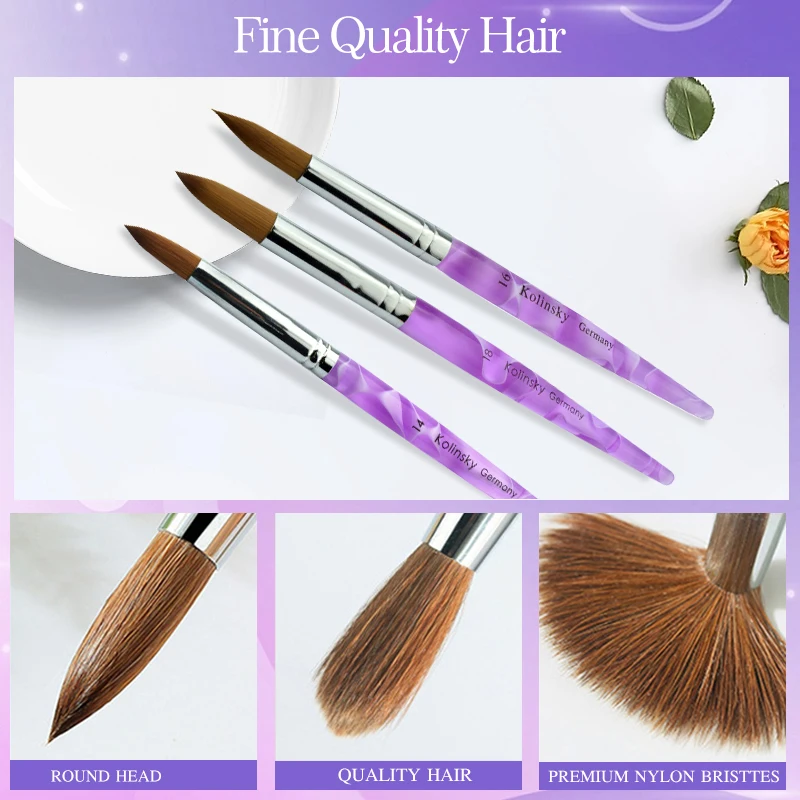 Кисти для наращивания ногтей из акрила для тонких волос, рисования и живописи, размер #14/16/18/20 с волновым узором на фиолетовой ручке.