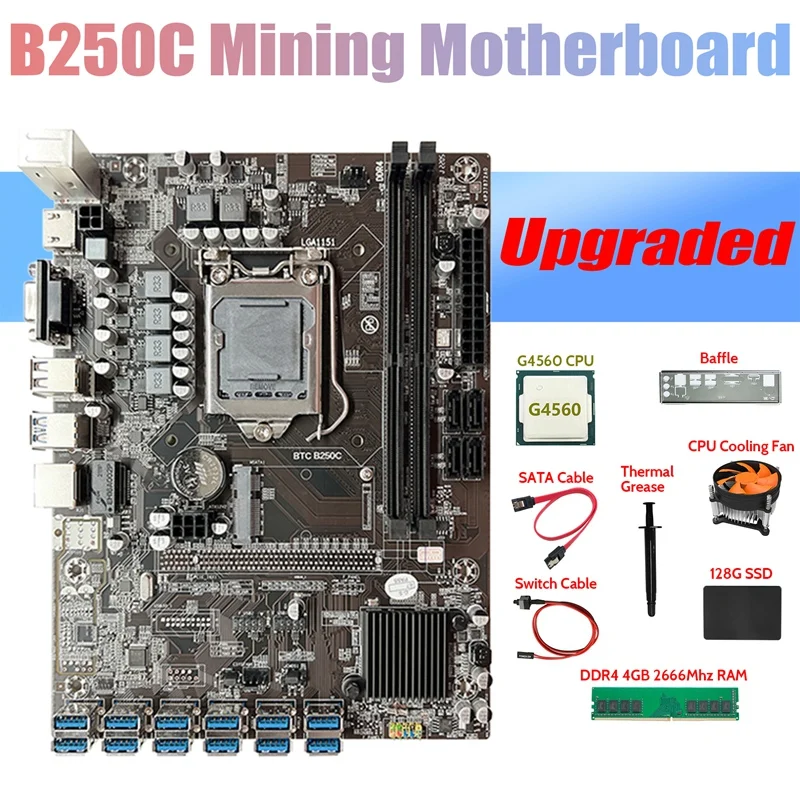 

HOT-B250C ETH Miner материнская плата 12USB + G4560 CPU + DDR4 4GB RAM + 128G SSD + вентилятор + SATA кабель + коммутационный кабель + термопаста + перегородка