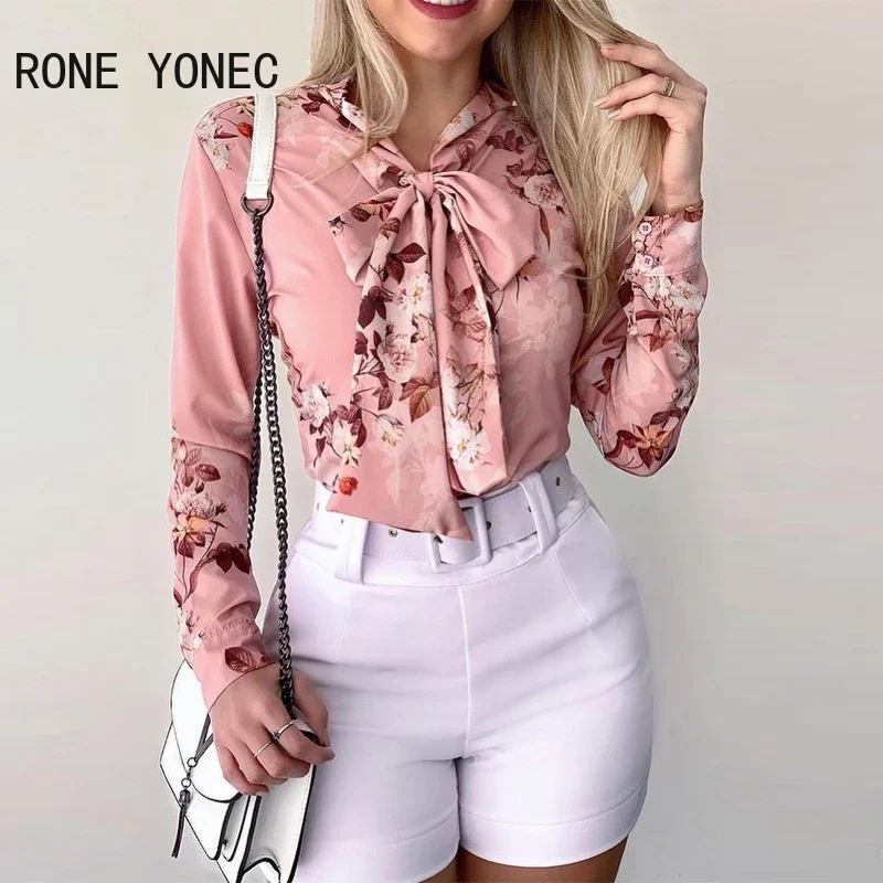 Женская элегантная блузка с длинными рукавами-фонариками и цветочным принтом