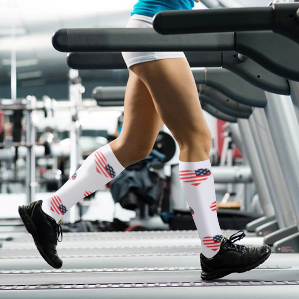 1 Pair White American Flag Printing Long Stocking Outdoor Stockings Knee High Socks Sports Tube Socks Dress Up Props- Size L/XL
