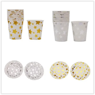 

2019 Hot Stamping Silver Five-Pointed Star Tableware Wedding Birthday Holiday Party Party Disposable Supplies Disposal Plate Cup