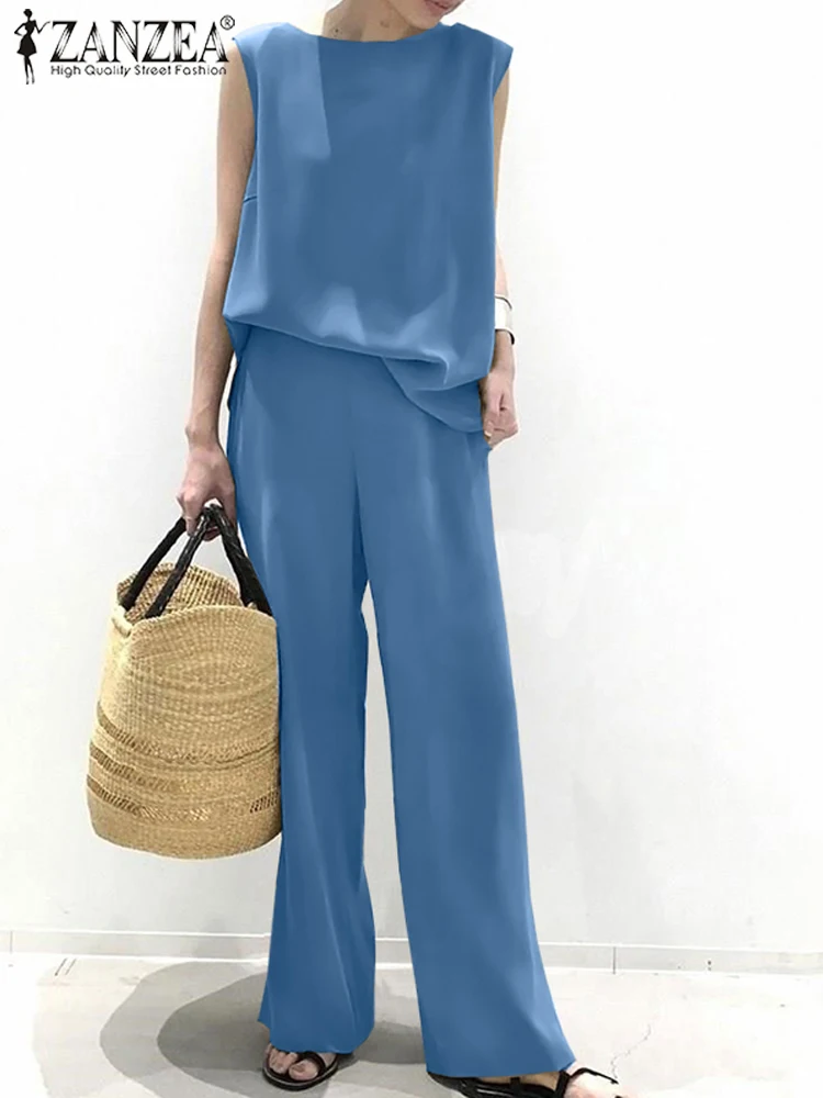 

ZANZEA Chic Holiday 2PC Matching Sets Baggy Tracksuits 2022 Summer Casual Sleeveless Blouse Suits Women Elegant Solid Pants Suit