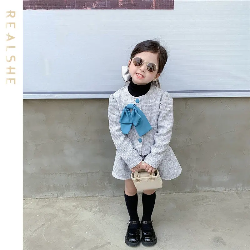 

Baby Set for girls spring summer big bow solid pocket long sleeve coat+Skirt Infant suits Kids baby children Clothing