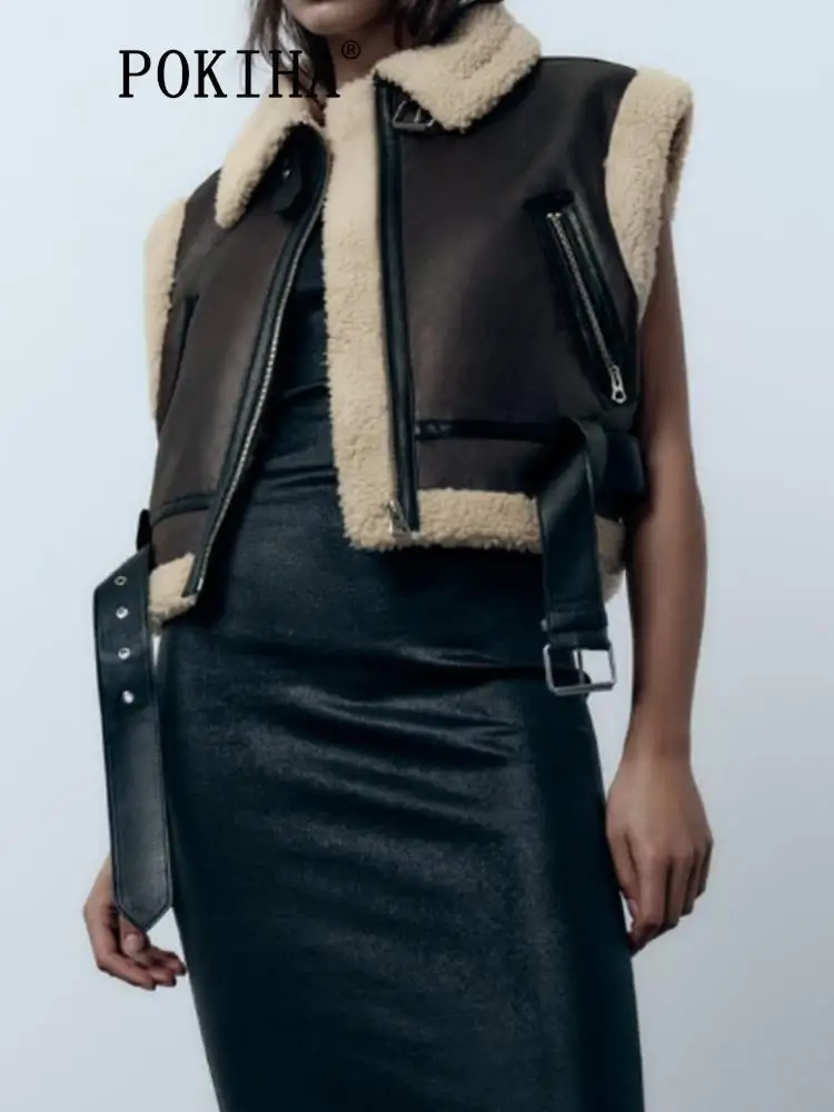 

Pokiha модная женская новая Толстая теплая Короткая Безрукавка из искусственной овчины винтажная женская верхняя одежда с длинным рукавом с поясом шикарный жилет топы
