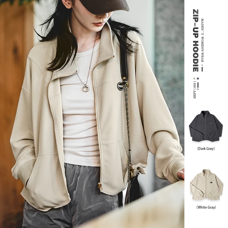 

Maden Women's Zipper Hoodies Waffle Ribbed Cuff Casual Jackets Harajuku Sweatshirts Half-high Stand-up Collar Coats Streetwear