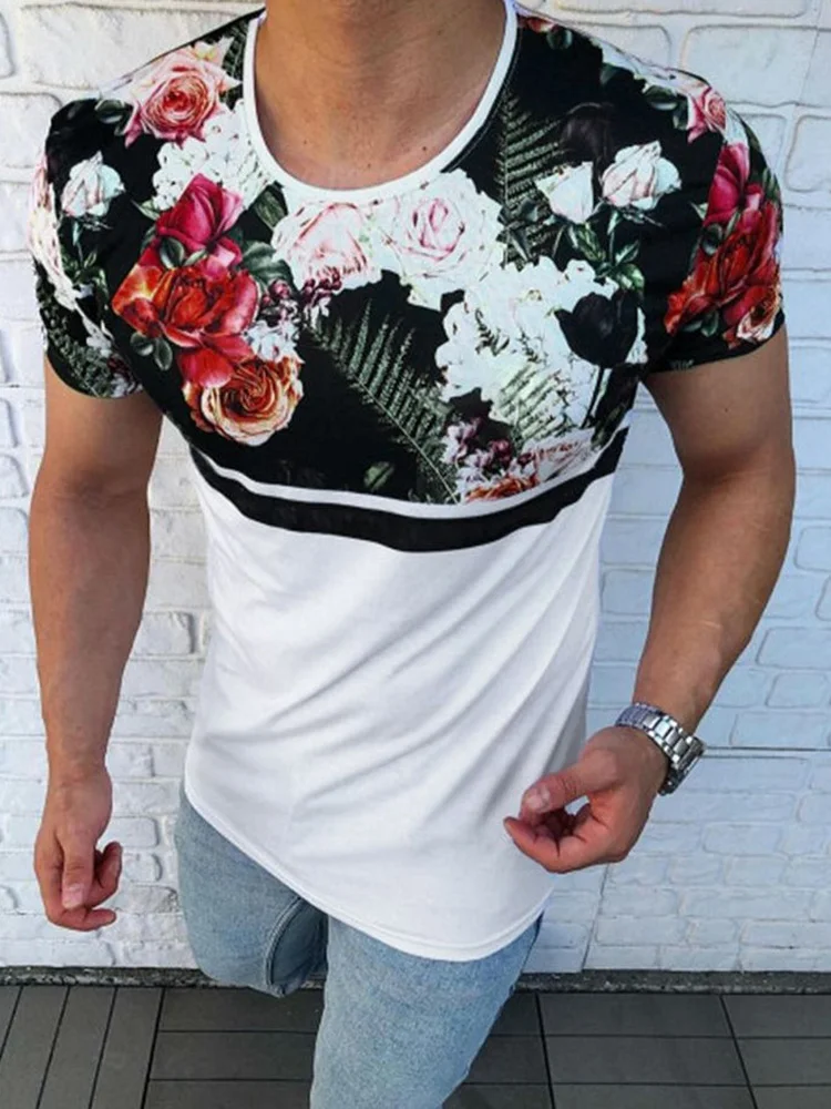 

Male Summer Slim Fit Round Neck Pullover Tops 2022 Mens Short Sleeve Floral Printing Shirt Streetwear Fashion Patchwork T-shirts
