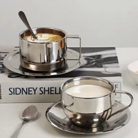 3pcs stainless steel british style coffee cup saucer and spoon set industrial style european style coffee beverage dessert cup