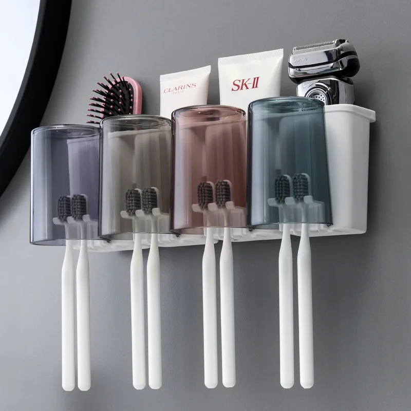 

Transparent Mouthwash Cup Toothbrush Holder Home Set Wall-Mounted Multi-Function Rack Bathroom Automatic Toothpaste Squeezer