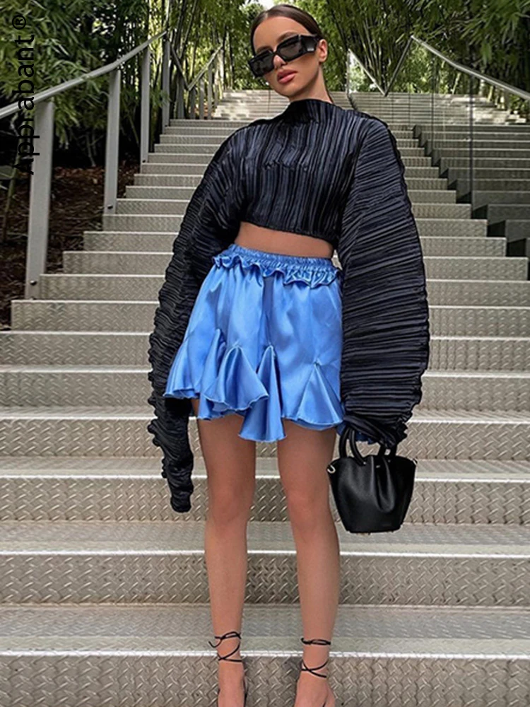 

Apprabant Navel Pleated Pullover Solid Tie Bat Long Sleeve Women Y2k Lapel Top Street Casual Loose Femme All-match Short Blouse