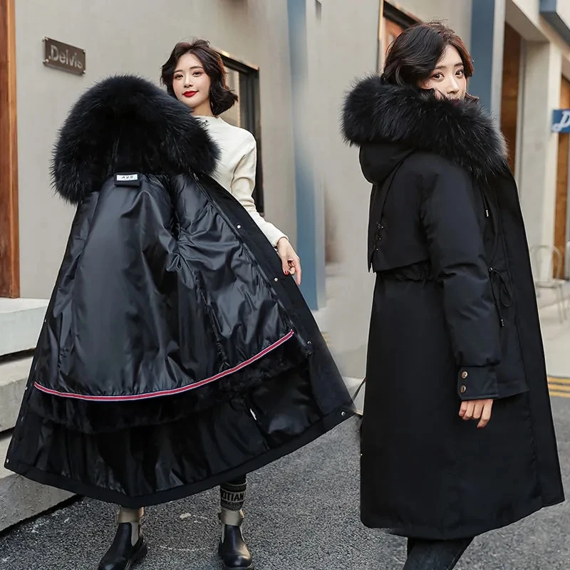 2022 Winter Jacket Hooded Long Coat Thick Warm Female Cotton Padded Parka Fur Lining Jackets Coats Women's Parkas