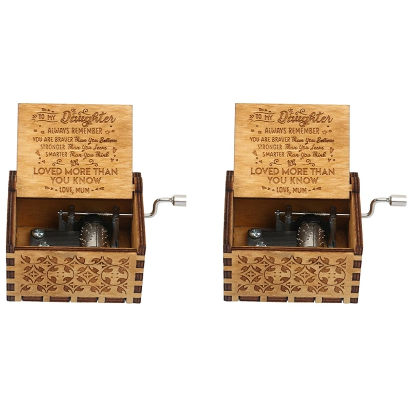 

2X Wooden Music Box Mom To Daughter -You Are My Sunshine Engraved Christmas Gift Hand-Cranked Wooden Music Box