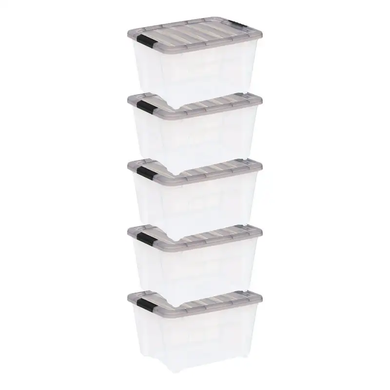 

32 Quart Stack & Pull Clear Plastic Storage Box with Buckles, Gray, Set of 5