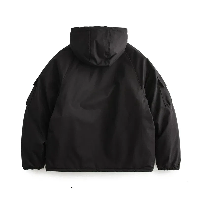 Men's Japanese thick hooded parka casual loose winter warm cotton jacket men's coat imitation silk cotton tooling jacket