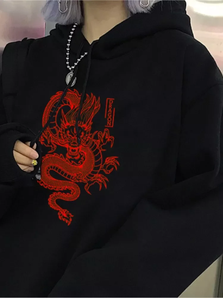 

New2022 hoodie vintage women Chinese dragon print hooded sweatshirt winter new loose women's Harajuku hip hop hoodie