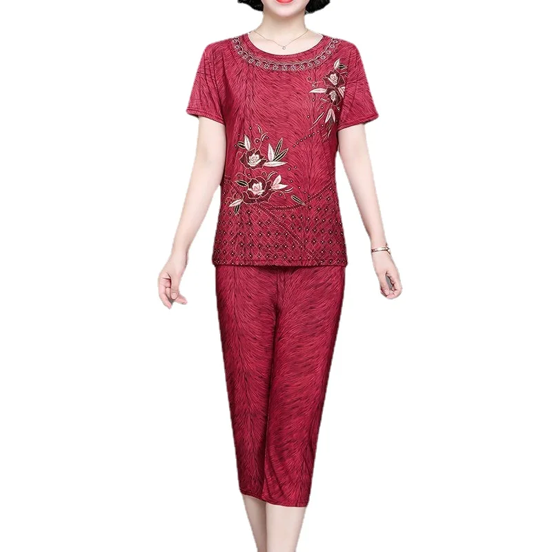 

Middle-aged Clothing Summer 2 Piece Set Womens New Short Sleeve T-shirt+pant Suit Set Women's Large Size Loose Sporting Set