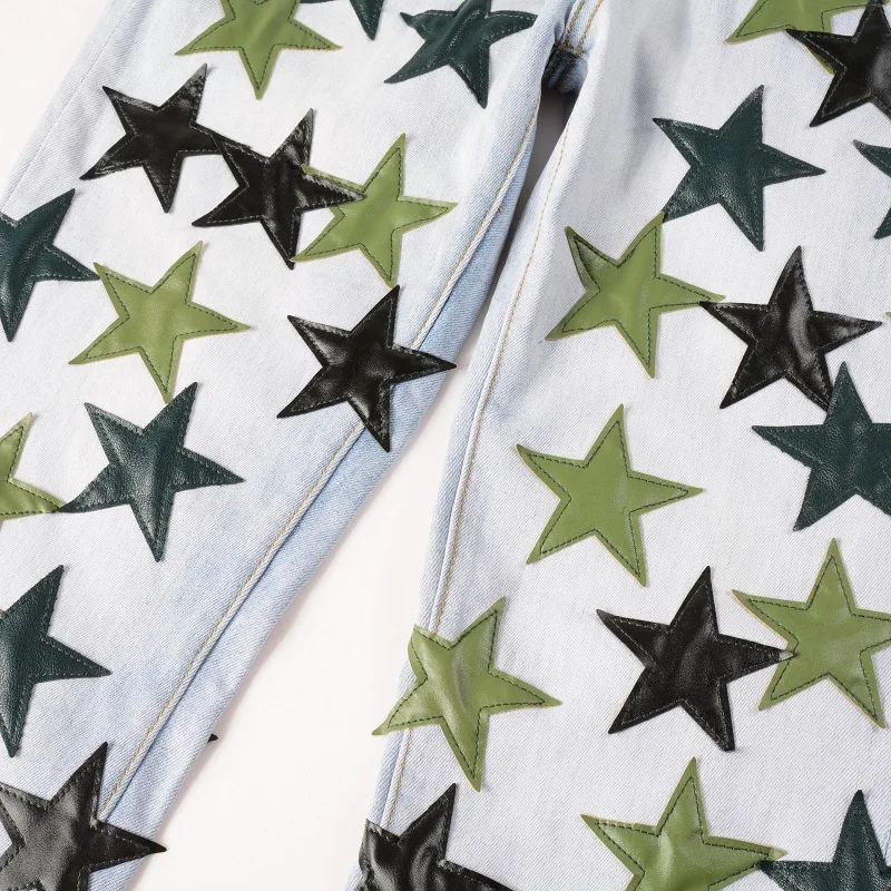 Y2k Ripped Jeans for Men Blue Distressed Skinny Stretch Leather Pentagram Appliques Baggy Denim Pants Streetwear Dropshipping