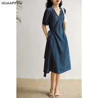 elegant polka dot v neck dresses for women 2022 summer new fashion temperament commuter waist slim midi skirt lady office dress
