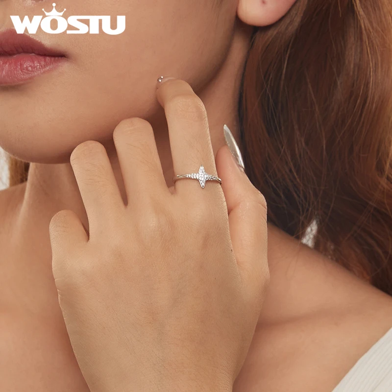 WOSTU кольцо со сверкающей звездой из стерлингового серебра 925 пробы с цирконом для