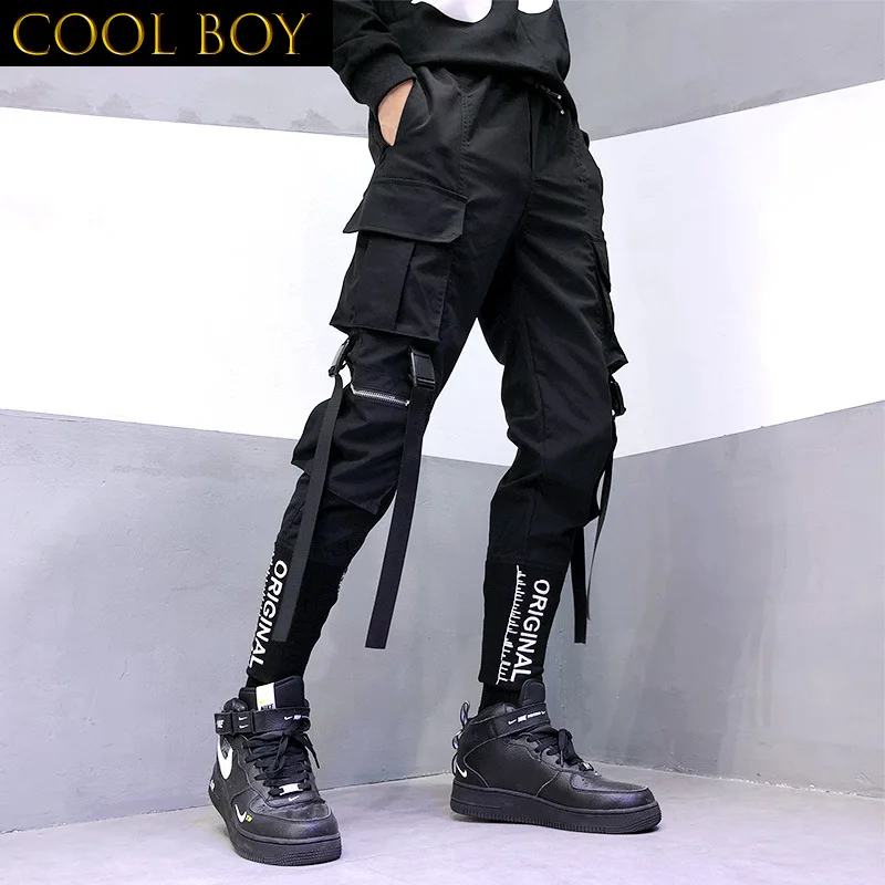 

J GIRLS Joggers Cargo Pants for Men Casual Hip Hop Hit Color Pocket Male Trousers Sweatpants Streetwear Ribbons Techwear Pants