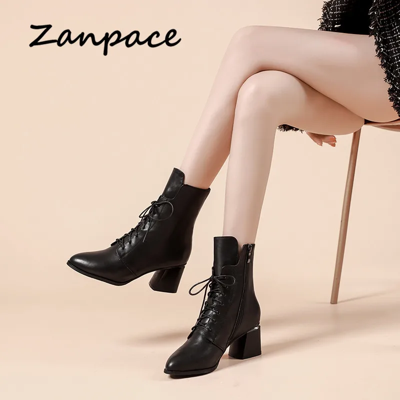 ZANPACE Platform Heels Women Boots Winter Plus Velvet Mid-tube Women Shoes Fashion Pointed Toe Winter Women Ankle Boots