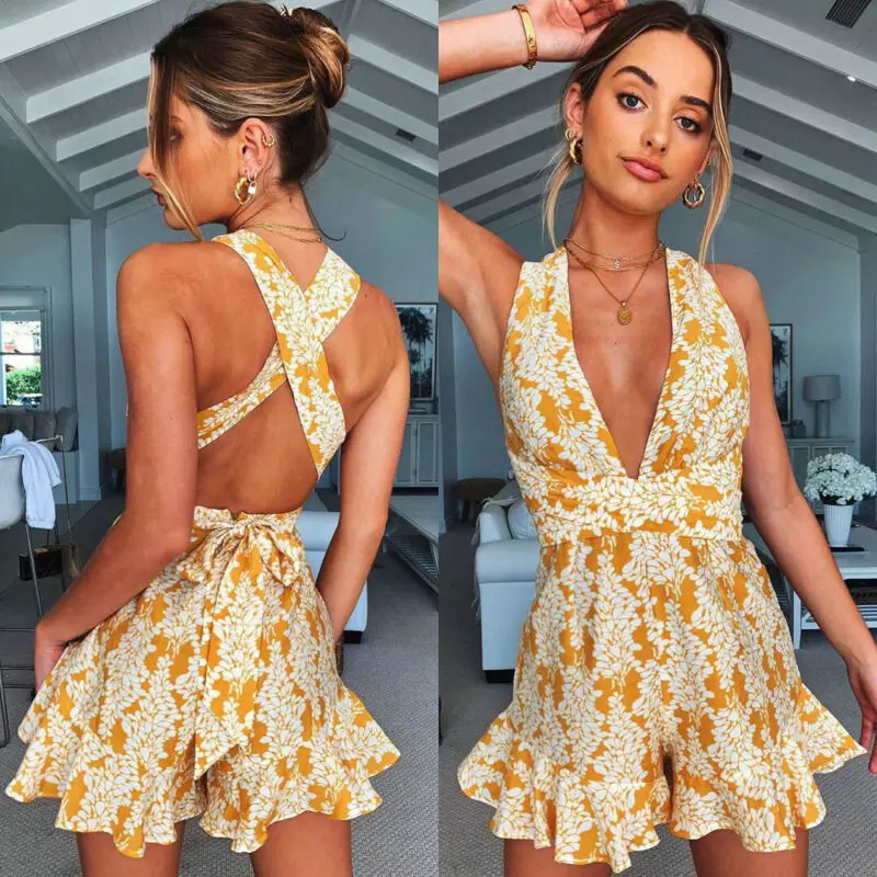 

Women Boho Holiday Mini Playsuit Sleeveless Deep V Neck Backless Ruffles Jumpsuit Bodysuit Summer Beach Casual Shorts Dress