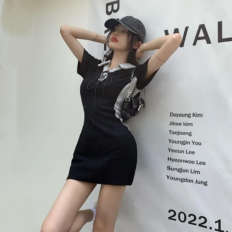 

Kpop Streetwear Polo Collar Dresses Korean Tshirt Dress Women Casual Wrap Summer Design Women's Clothing Short Sleeve