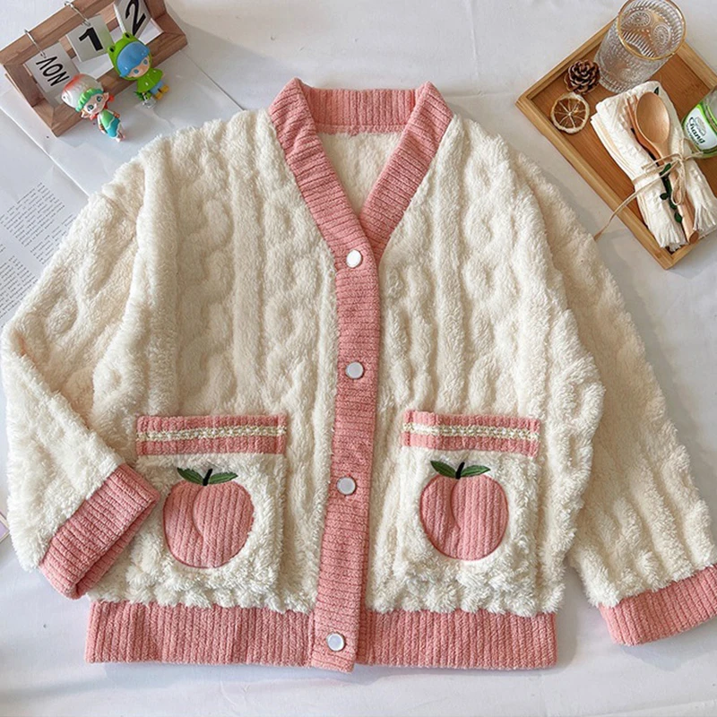 Women's Fleece Pajamas Set Winter Thick Sweet Korean Style Ladies 2 Pieces Sleepwear Single Breasted Pijama Suit For Female