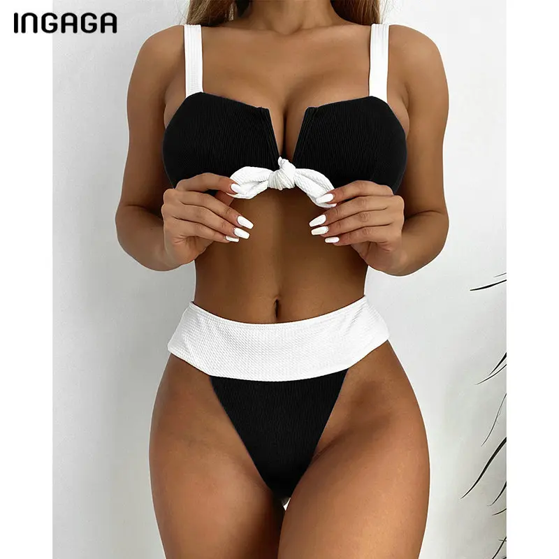 

Женский купальник INGAGA с завышенной талией, бикини в рубчик 2022, купальник в стиле пэчворк, пикантный бикини с V-образным вырезом, купальный ко...