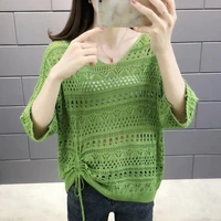 summer thin hollow out 34 sleeve solid knitted sweaters fashion casual all match drawstring v neck jumpers womens clothing