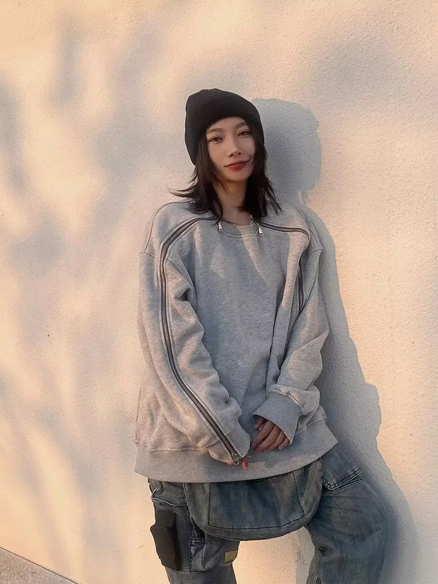 

High Street Casual Zipper Sweater Round Neck Men's and Women's American Fashion Autumn Thread Spliced Top Clothing Vintage
