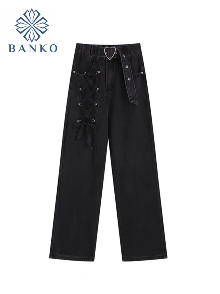 Джинсы женские прямые с завышенной талией милые брюки из денима в готическом