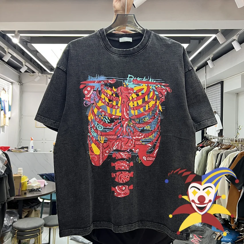 

Skeleton Letter Print T Shirt Men Women Vintage Washed T-shirt Top Tees