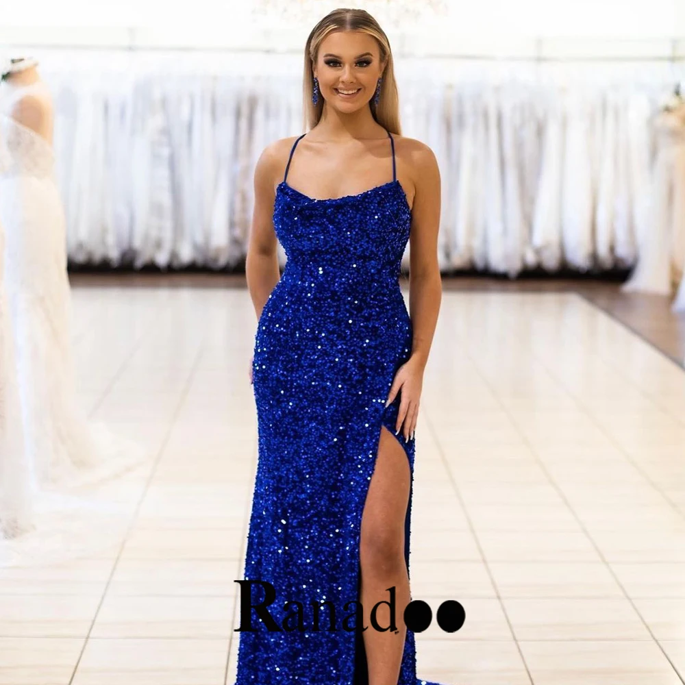 

Strapless Exquisite Sequins Luxury Celebrity Gown Evening Dress Mermaid Slit Halter Lacing Up Court Train Robe De Ball Stretch