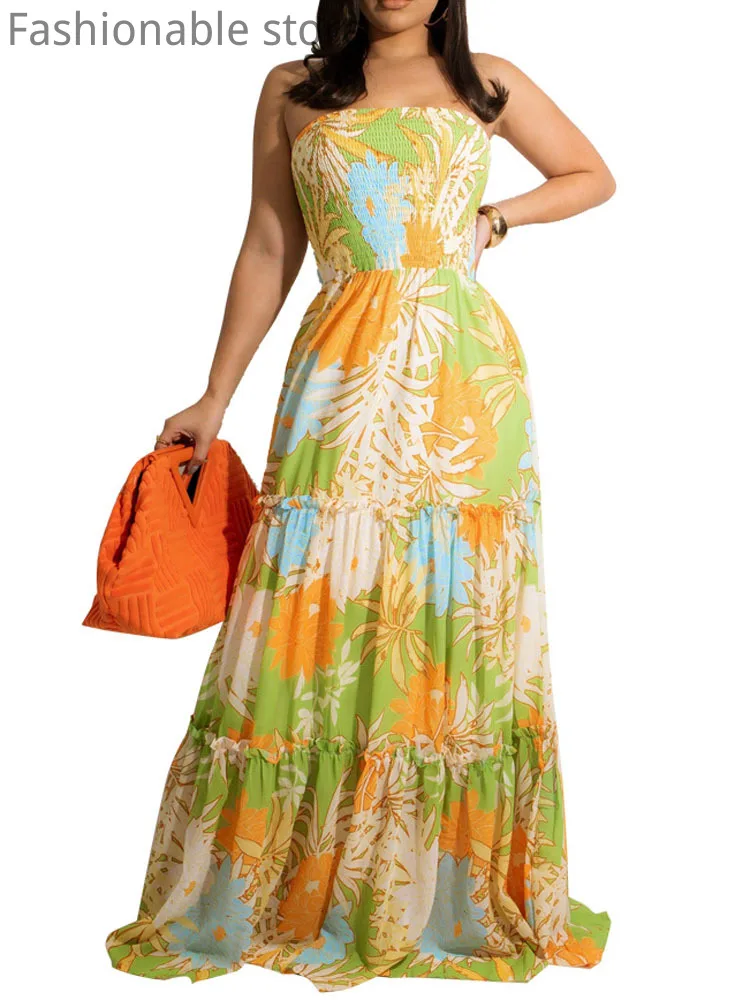 

Print Chiffon Bandeau Sleeveless Backless Layered Maxi A-Line Dress Vestido