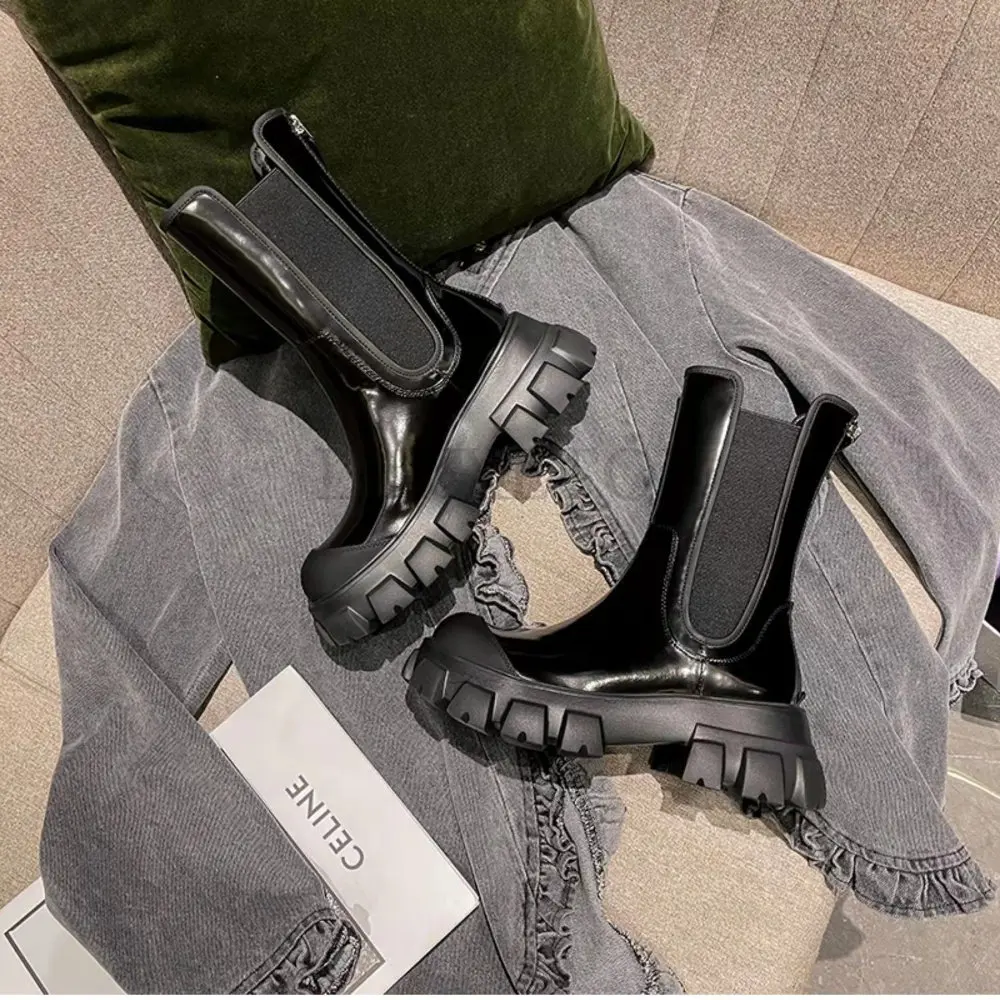 New Luxury Chelsea Boots Women Ankle Boots Chunky Winter Shoes Platform Ankle Boots Slip on Chunky Heel Boot Brand Designer