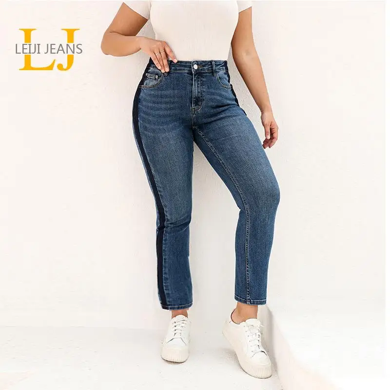 

2022 LEIJIJEANS Spring Autumn Plus Size Shadow boyfriend Bleached women Mid Waist Full Length Loose Straight Jeans For Women