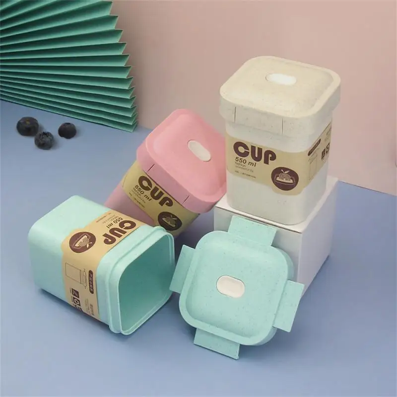 

Wheat Straw Oatmeal Cup With Lid Food Container A Cup Of Multi-use Breakfast Cup Square Sealed Soup Cup Beautiful Shape Portable