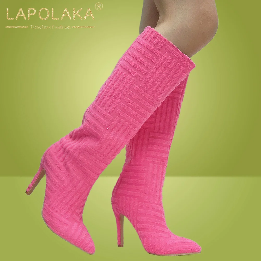 Niche Design Brand New Women's Knee High Boots Pointed Toe Thin Heels Party Sexy Ladies Club Flock Shoes For Woman |