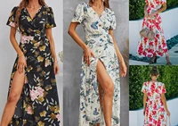 2022 summer new slit long dress womens fashion v neck printed short sleeved casual dresses lady